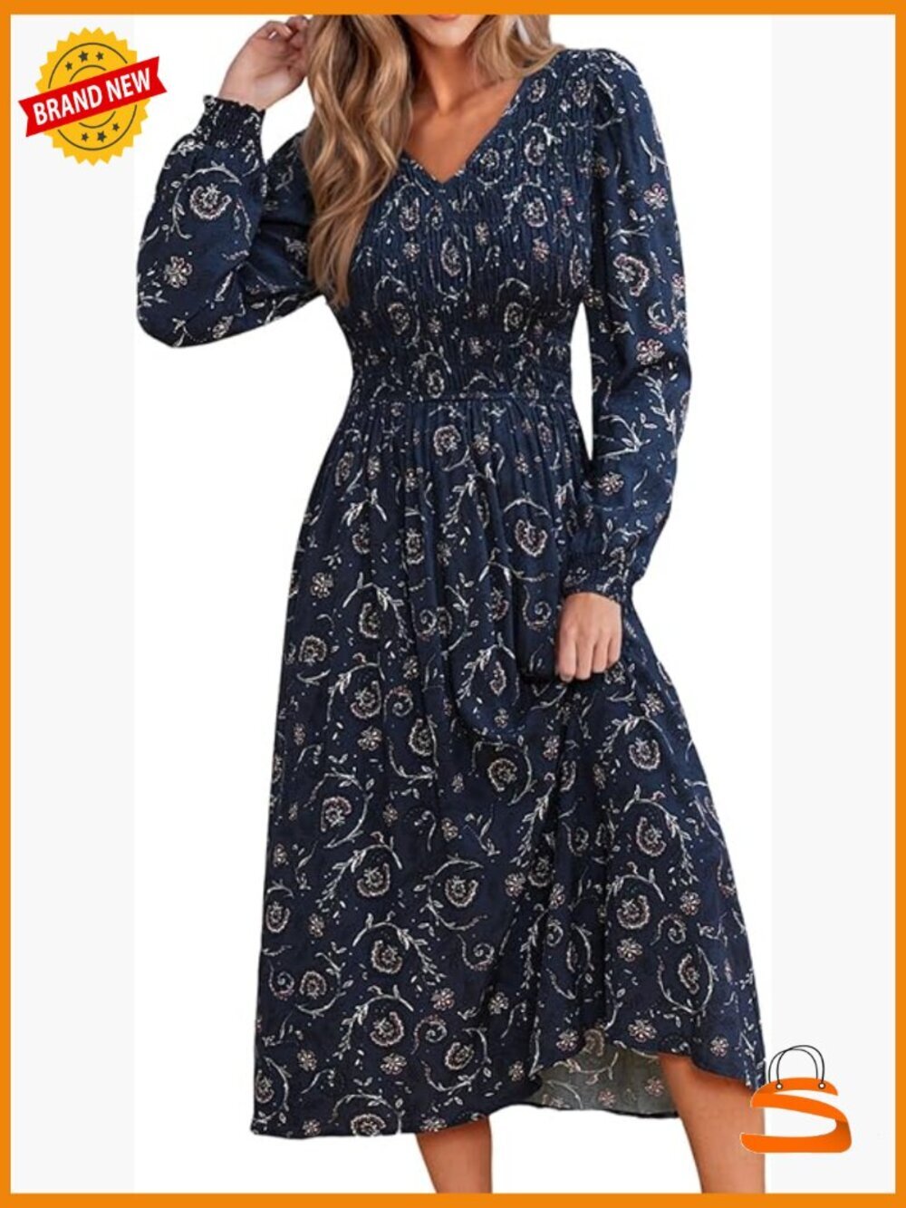 FALL FLORAL MAXI DRESS V NECK LONG SLEEVE SMOCKED A LINE FLOWY RUFFLE